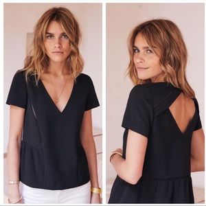 EUC Sezane Amanda Black V-neck Ladder Stitch Blouse - Size 36